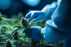 Generative AI, Close-up view of hands wearing blue nitril gloves examining medicinal marijuana plants in a greenhouse. Scientist, scientific